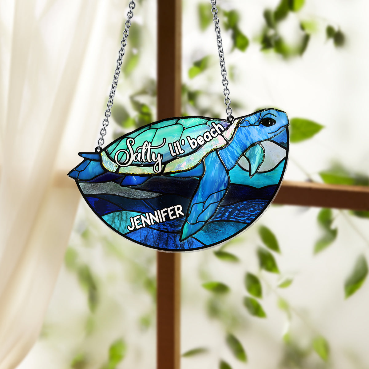Salty Lil' Beach Blue Ocean Summer Vibes - Personalisierter Schildkröten-Fensterhänger als Sonnenfänger 