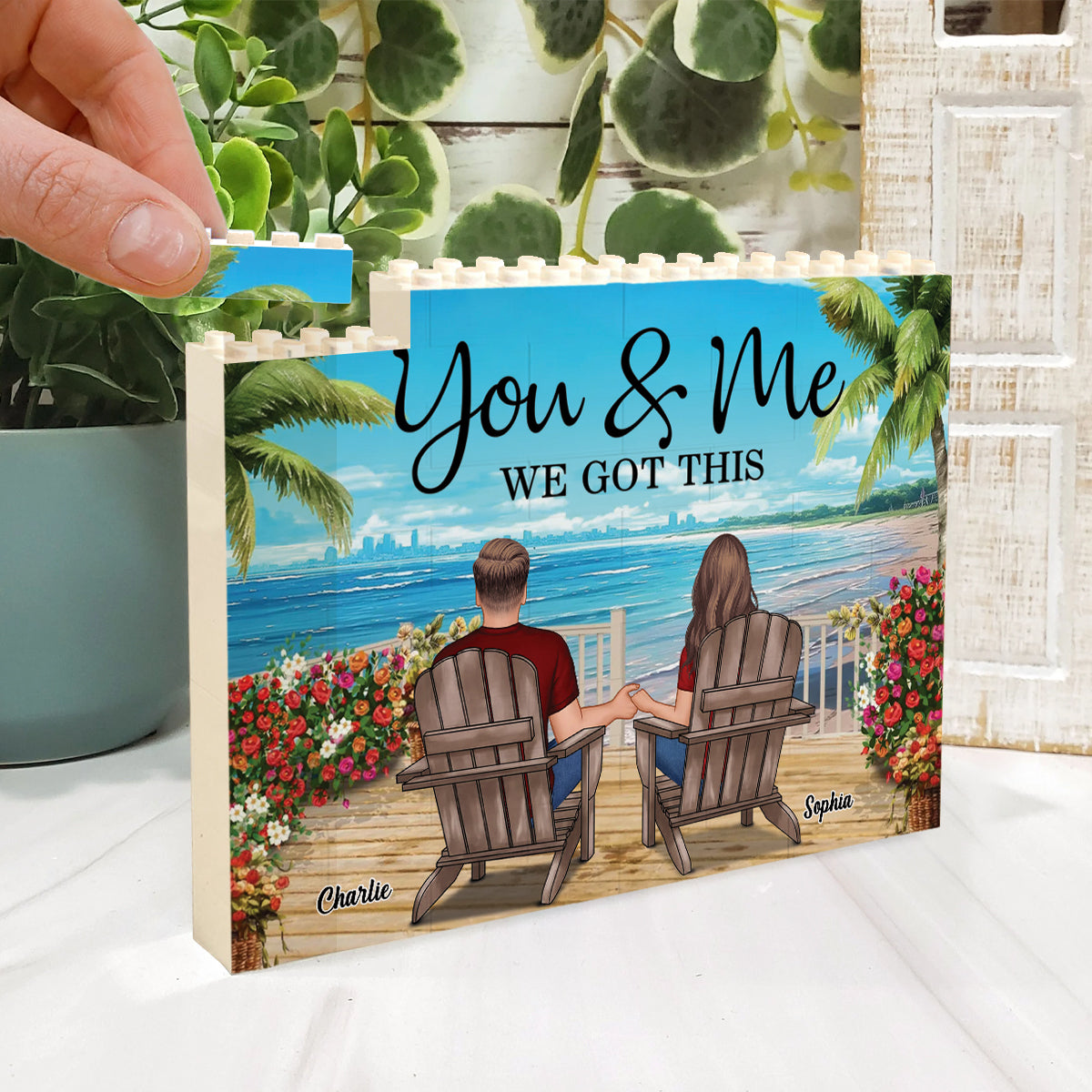 Paar-Strandlandschaft im Retro-Vintage-Stil – Personalisierte einseitige, horizontale rechteckige Bausteine ​​für Paare