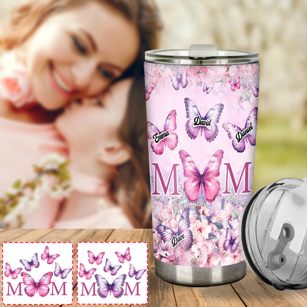 Personalisierter Mutterbecher mit rosa Blumen und Schmetterling