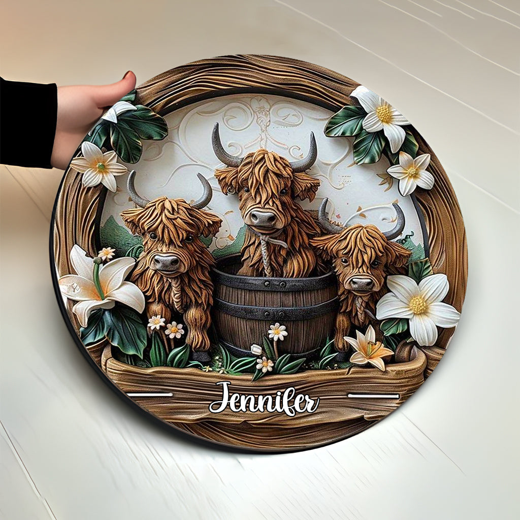 Liebe Hochlandrinder - Personalisiertes rundes Holzschild