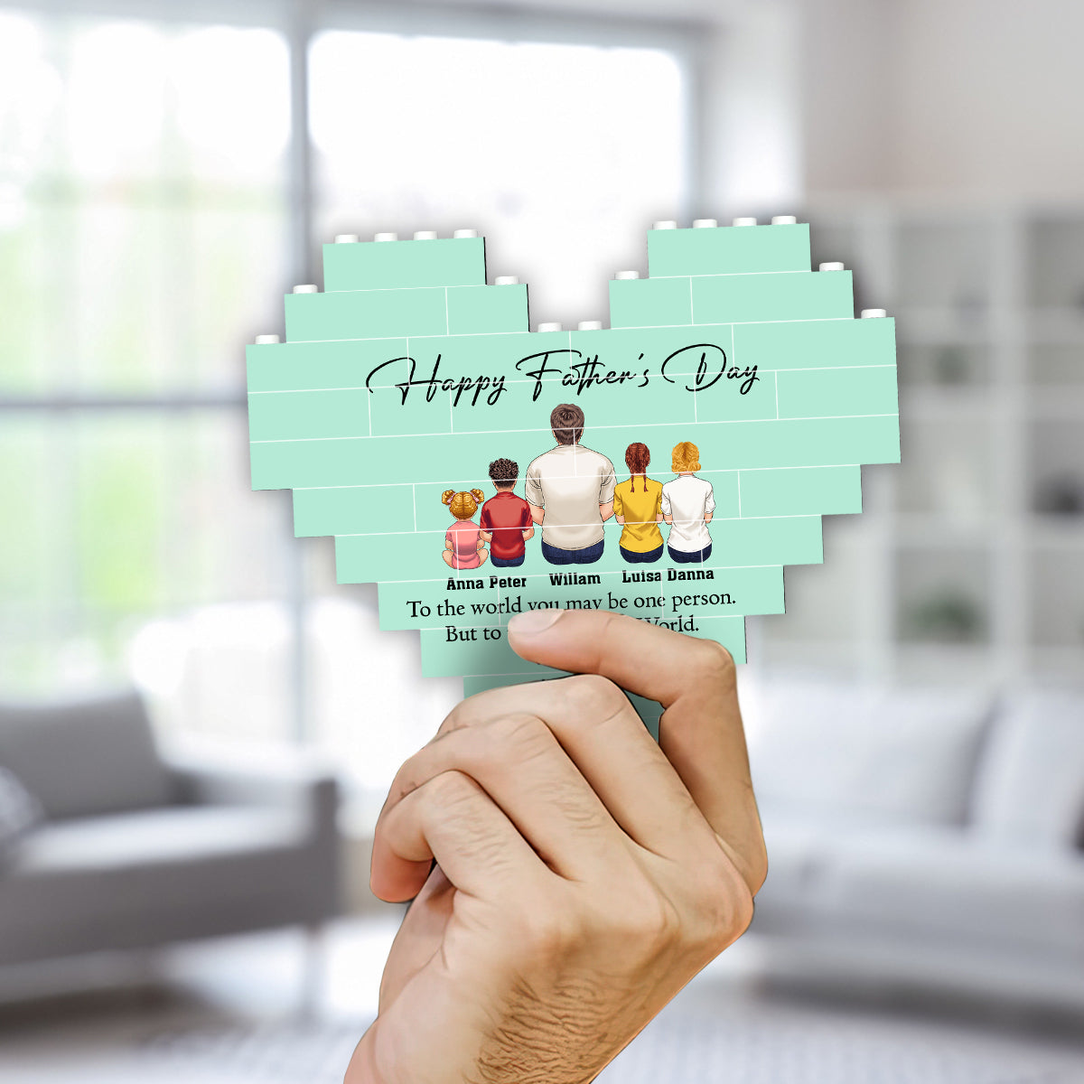 Alles Gute zum Vatertag! Bester Papa aller Zeiten – Rückansicht – Mann & Kinder – Personalisierter Vaterherz-Baustein, beidseitig bedruckt