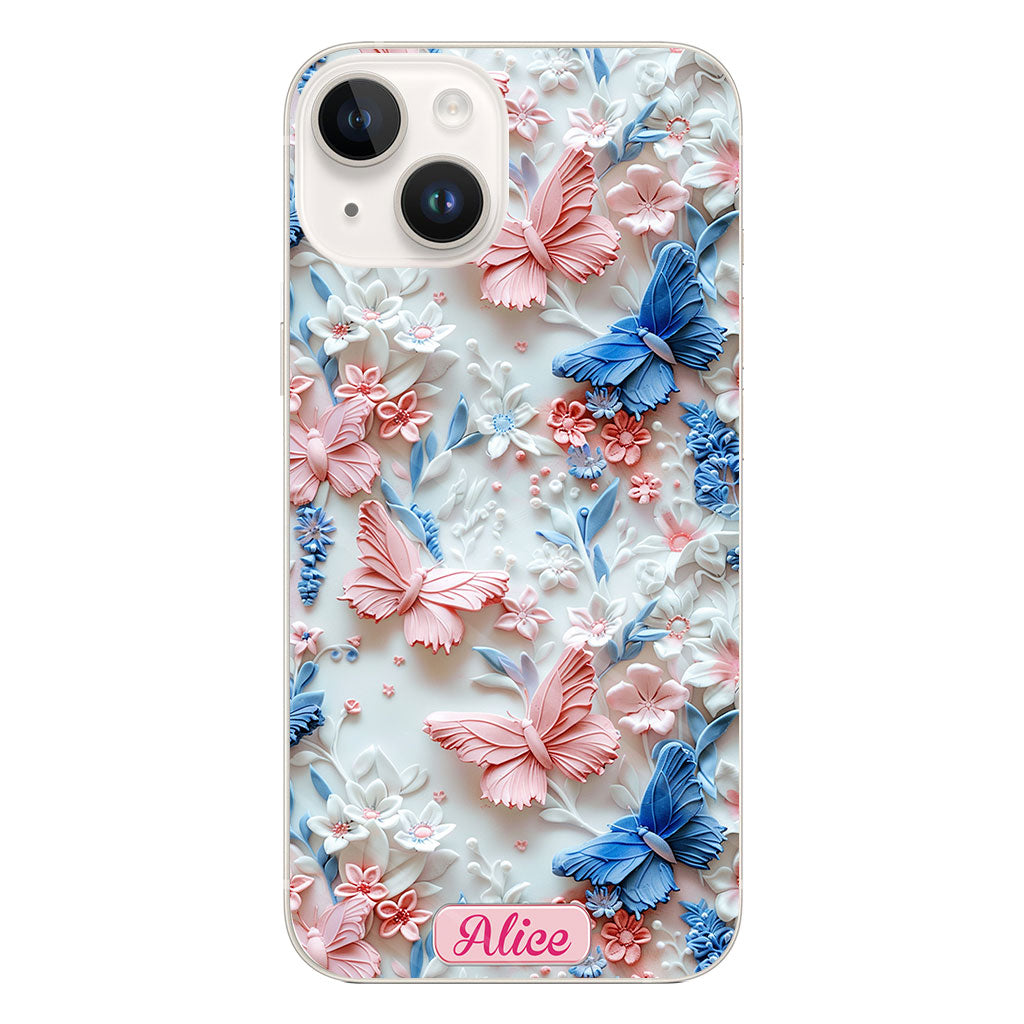 Rosa und blaue Schmetterlinge – Personalisierte transparente Schmetterlings-Handyhülle