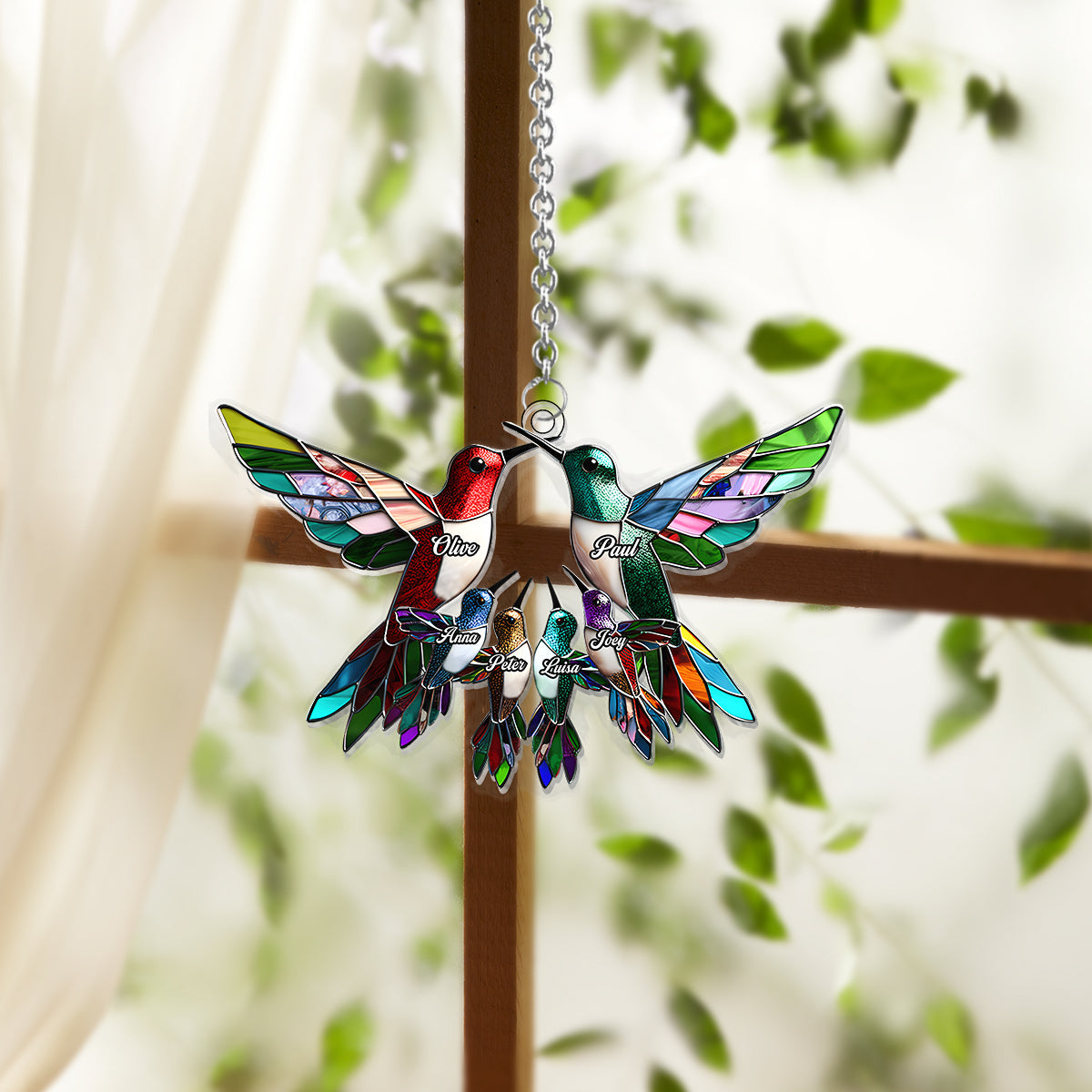 Familienmitglieder und Kolibris – Personalisierter Fensterhänger mit Familienmotiv