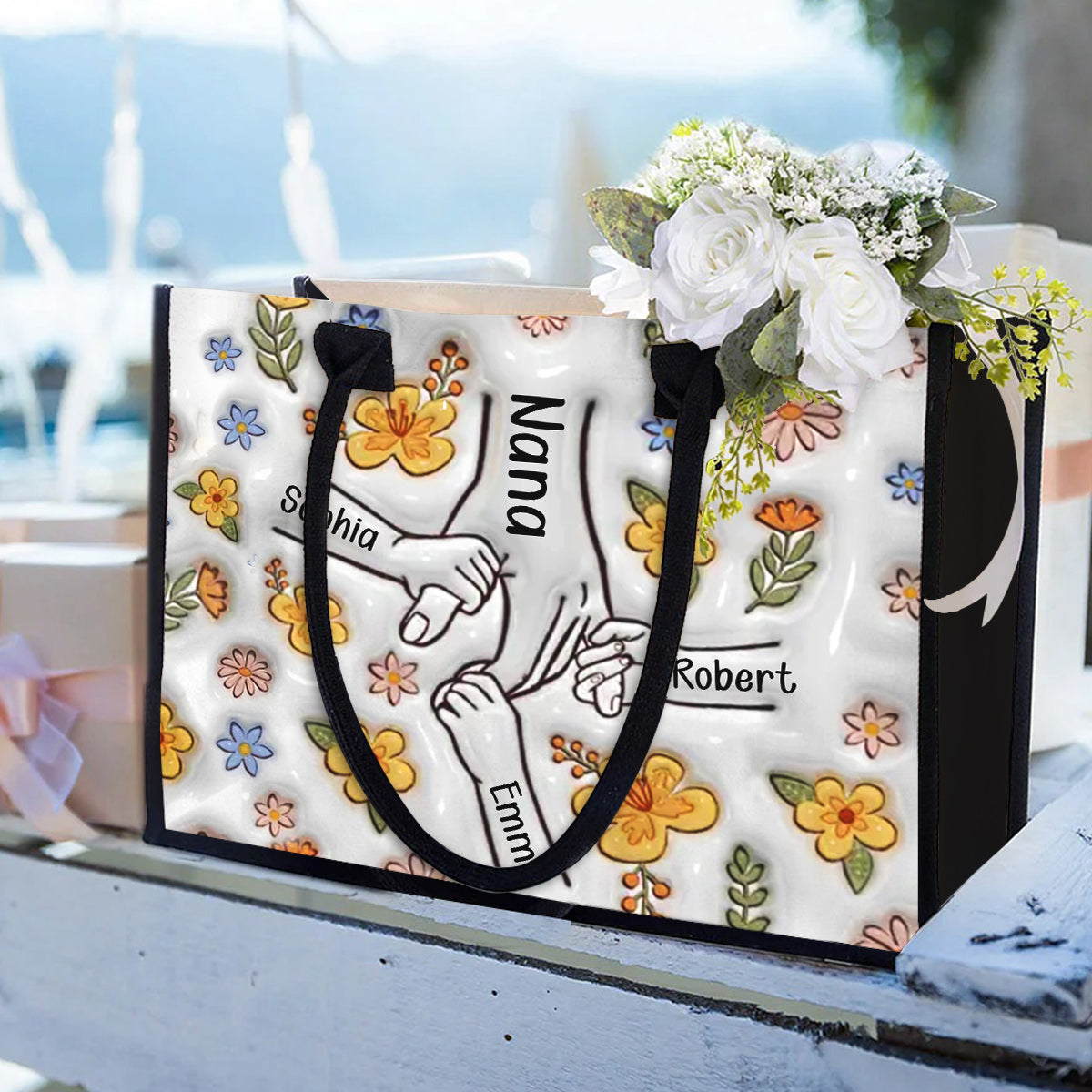 Händchenhaltende Oma, Mama, Nana – Personalisierte Tragetasche aus Canvas