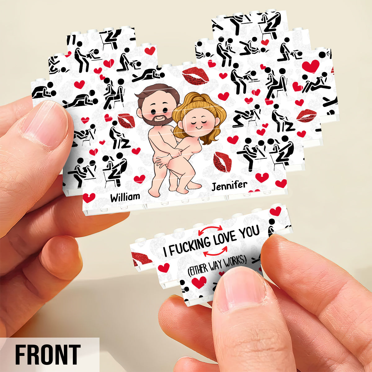 Ich liebe dich – Personalisierte Herz-Bausteine ​​für Paare, beidseitig bedruckt