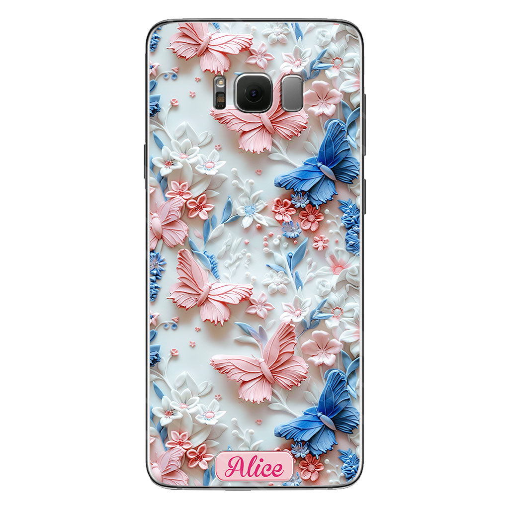 Rosa und blaue Schmetterlinge – Personalisierte transparente Schmetterlings-Handyhülle