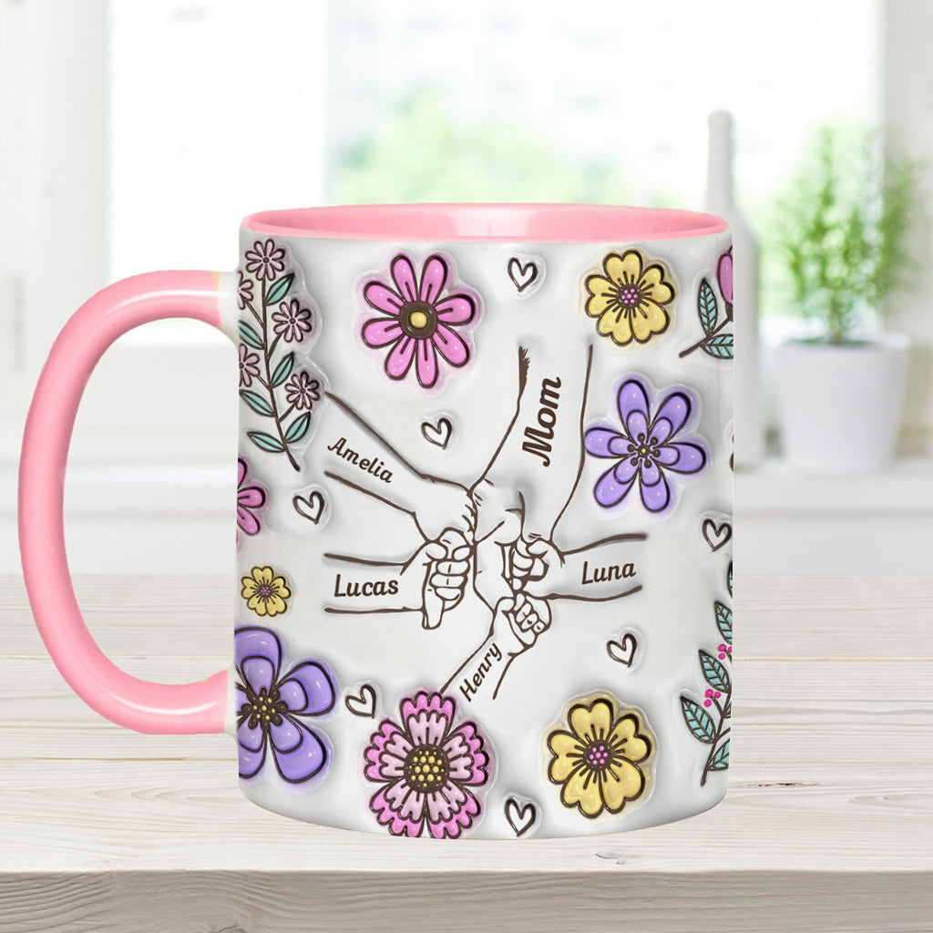 Personalisierte Tasse mit rosa Blume und Händchen für Oma und Mama – Mutter-Akzent