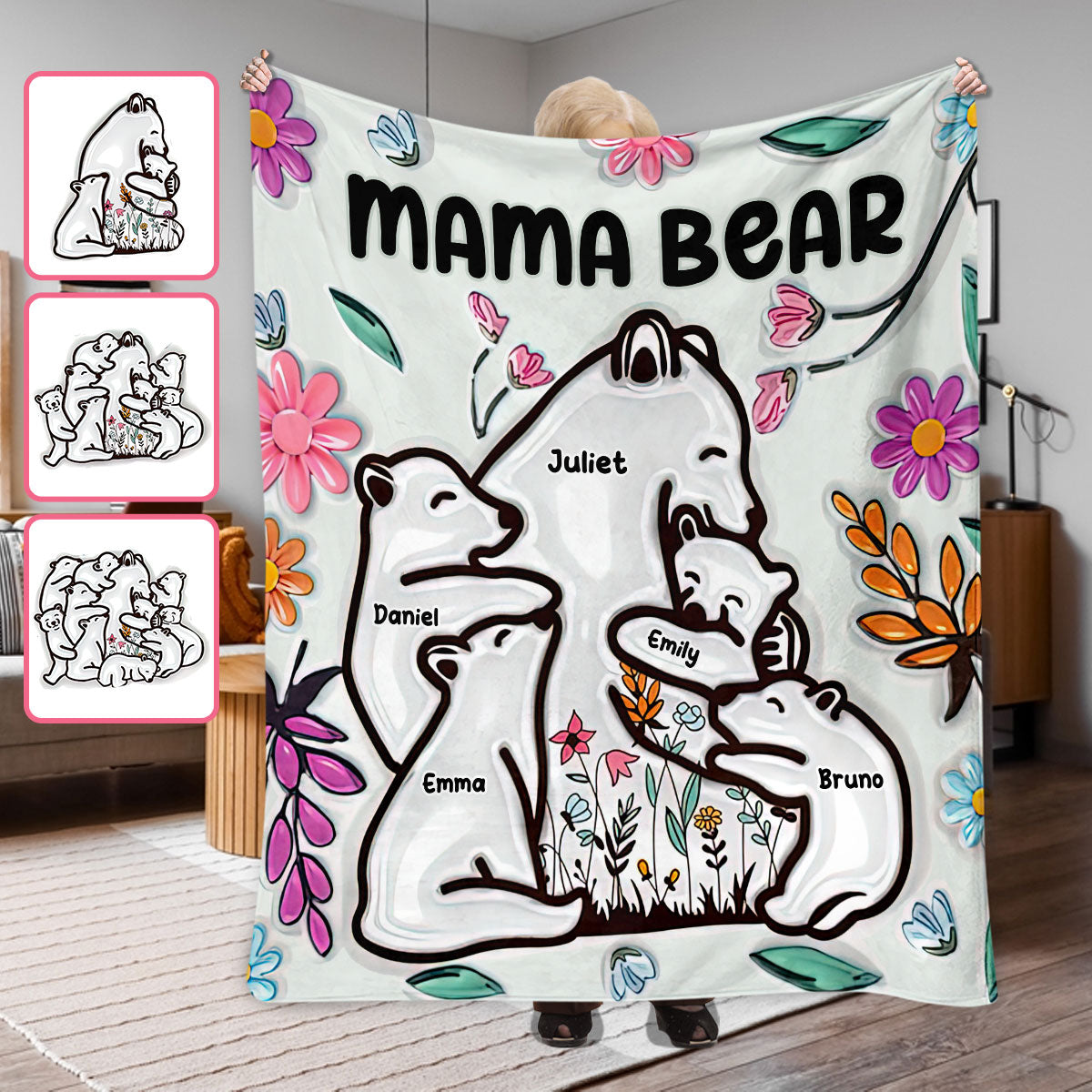 Mama Bär umarmt ihre Jungen – personalisierte Mutterdecke im Blumenmuster