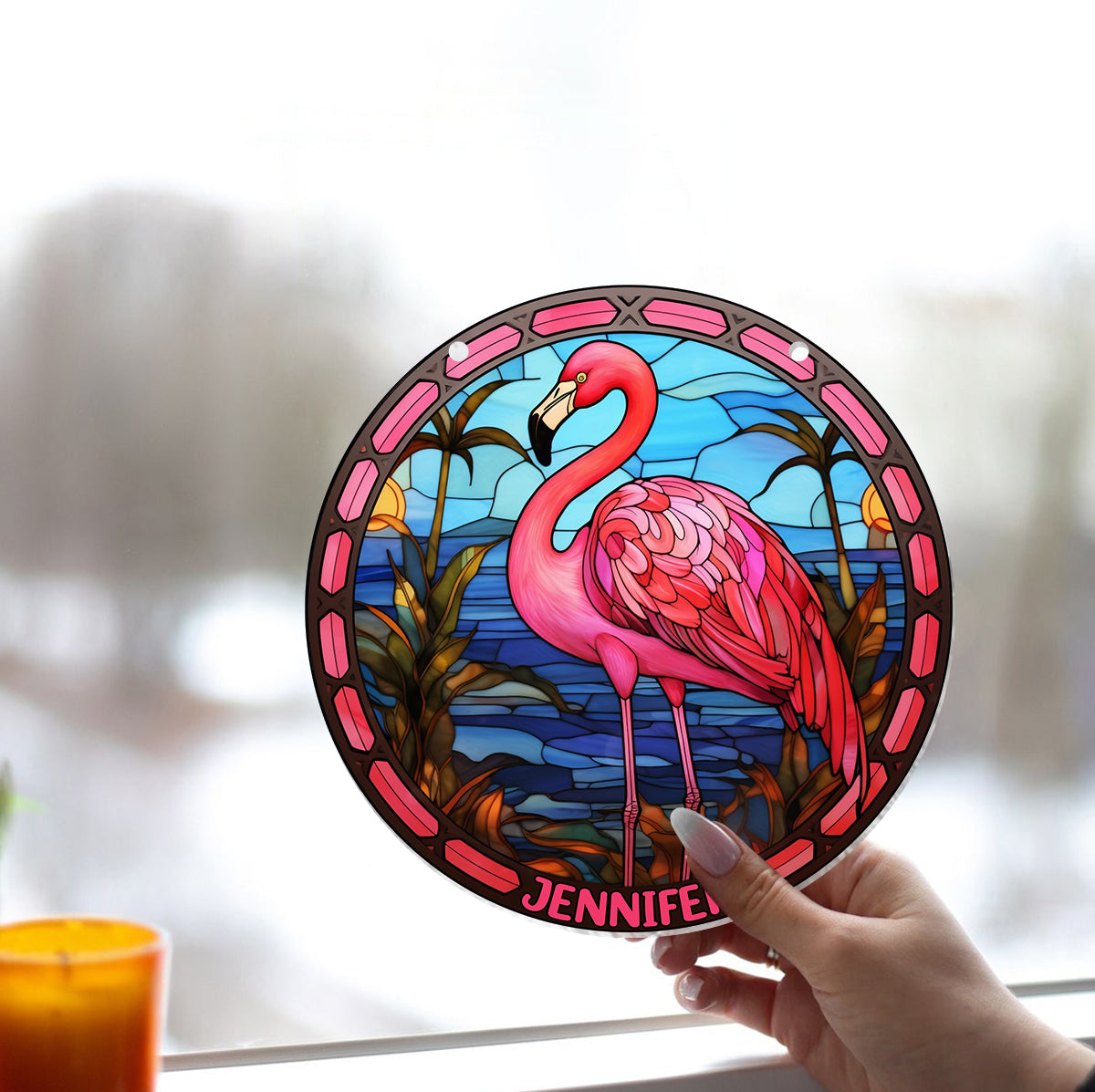 Love Flamingos - Personalized Flamingo Window Hanging Suncatcher Ornament