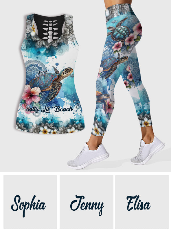 Sea Turtle Mandala Tropical Flower - Personalized Turtle Hollow Tank Top and Leggings