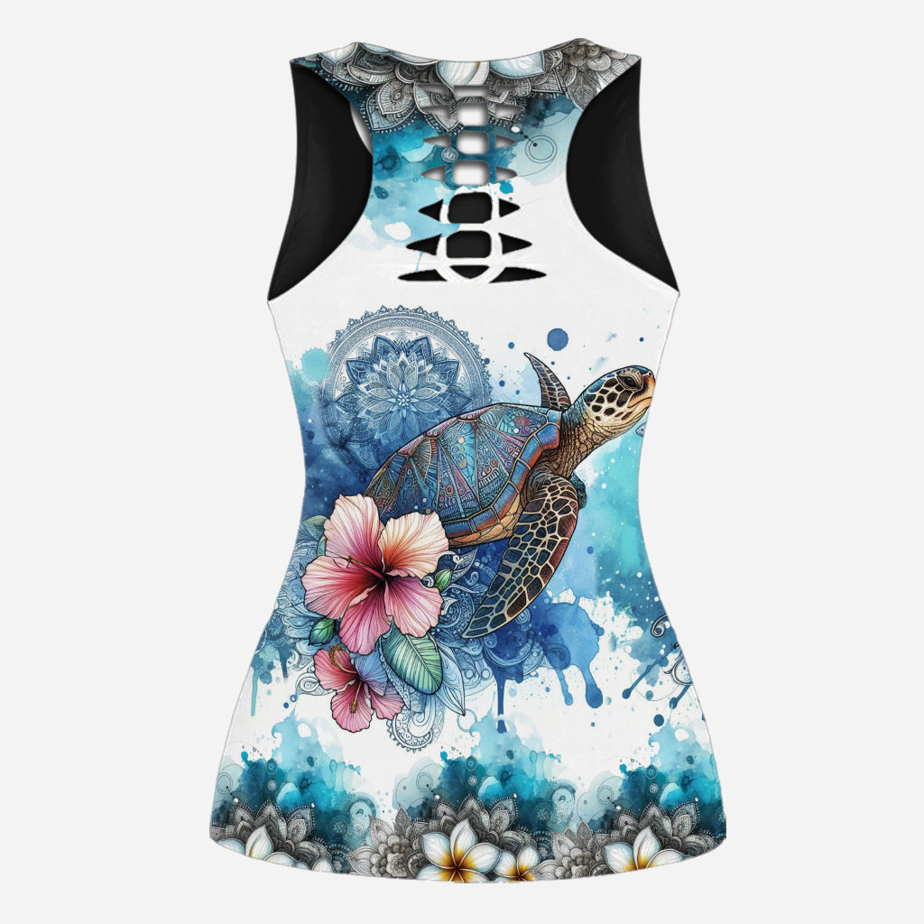 Sea Turtle Mandala Tropical Flower - Personalized Turtle Hollow Tank Top and Leggings