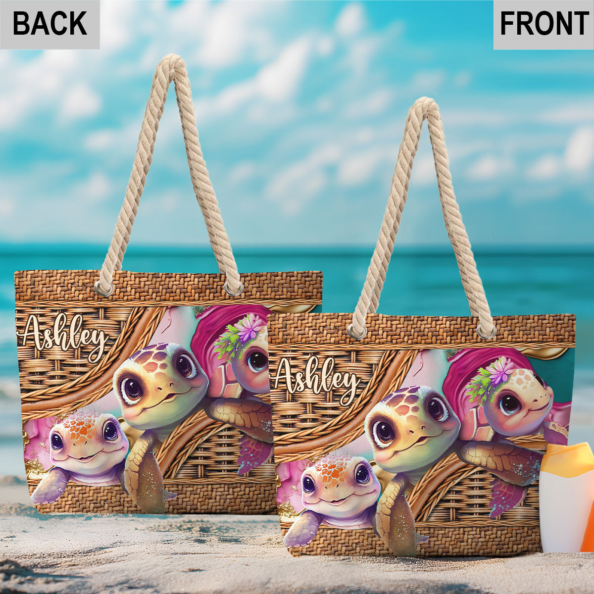 Niedliche Schildkröte – personalisierte Strandtasche mit Schildkrötenmotiv