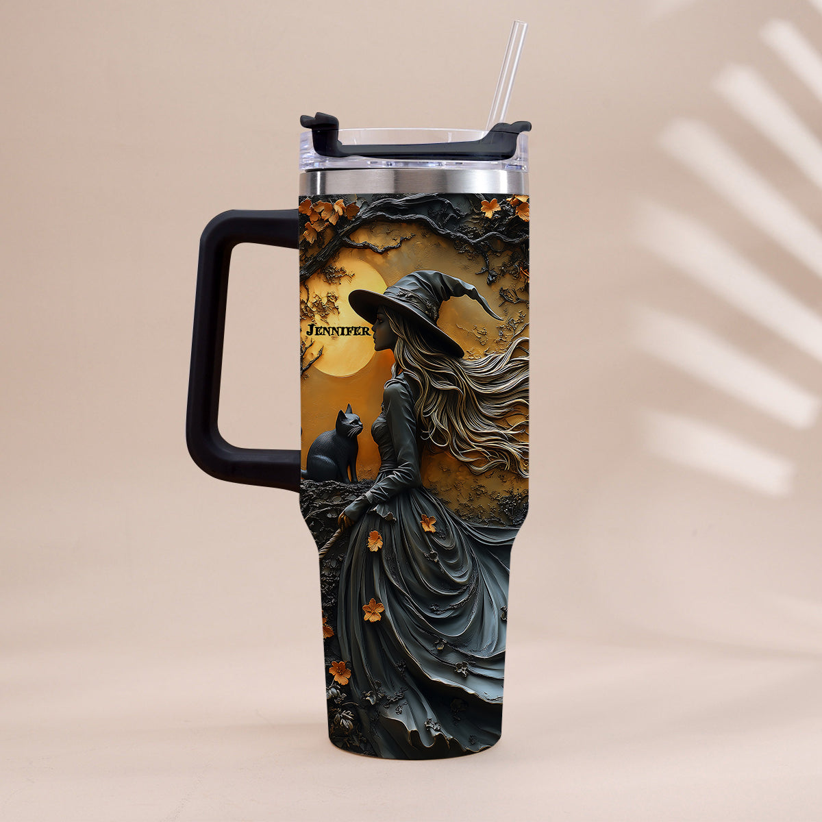 Beautiful Witch & Her Black Cat - Personalized Witch Tumbler With Handle