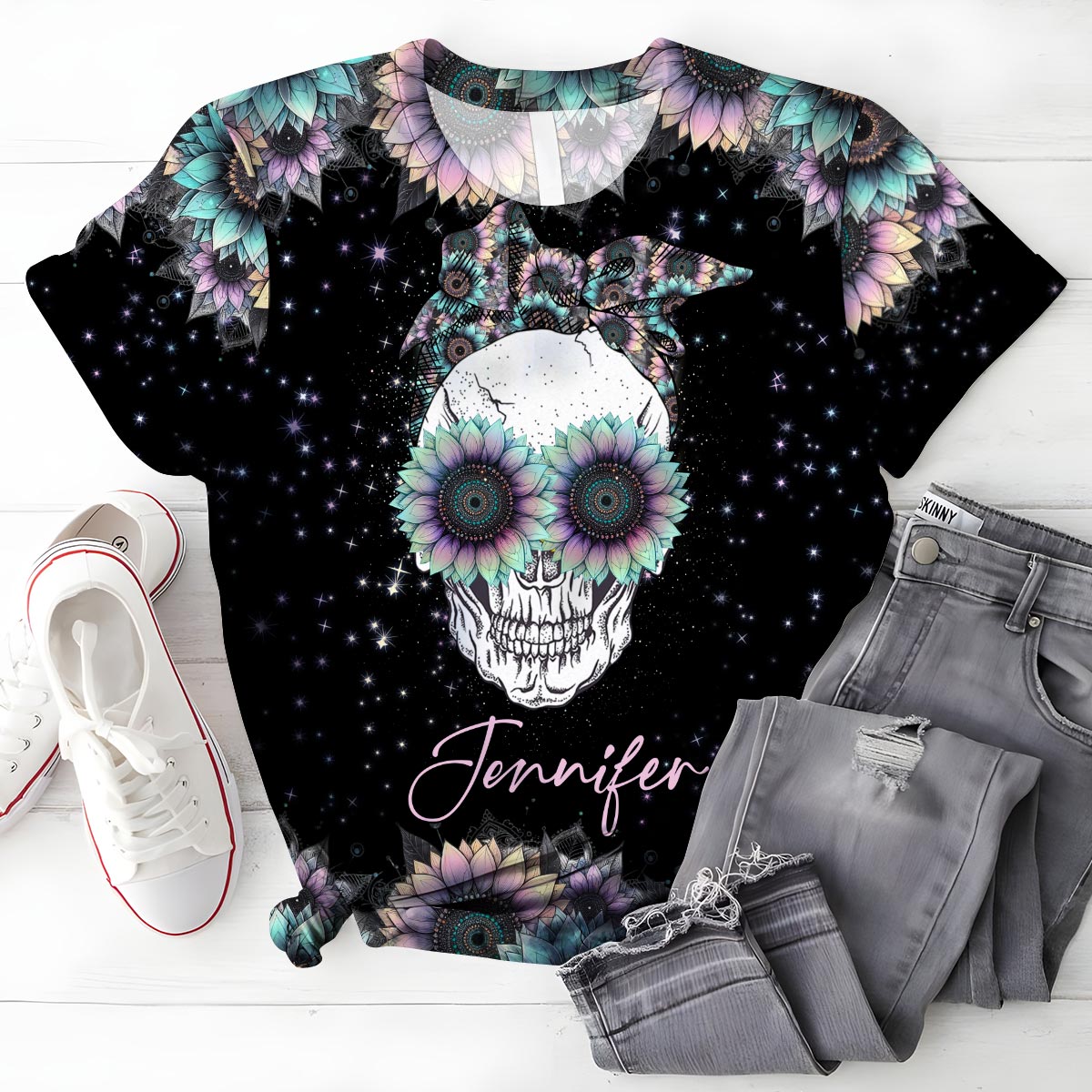 Zero F Given Pink Blue Sunflower - Personalisiertes Totenkopf-Shirt