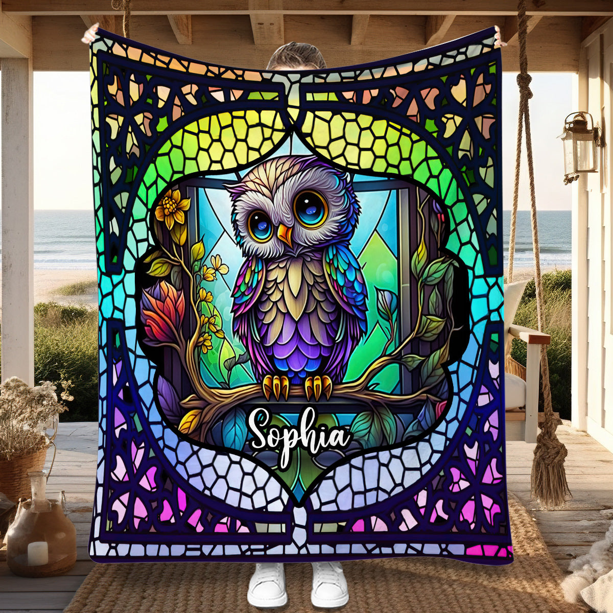 Niedliches Eulen-Buntglasbild – personalisierte Eulendecke