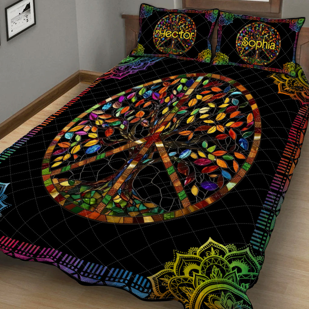 It's A Beautiful World Tree Of Life Peace Sign - Personalized Hippie Quilt Set