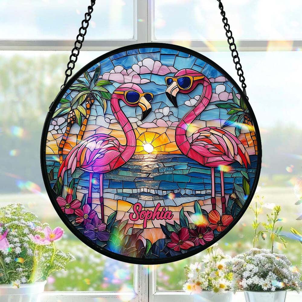 Wunderschöne Flamingos – Personalisierter Flamingo-Sonnenfänger aus Buntglas