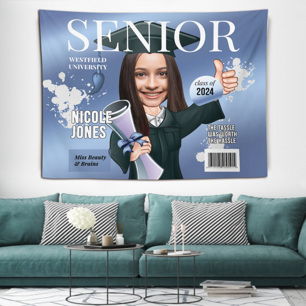 Karikatur auf dem Cover eines Senior-Magazins – personalisierter Wandteppich zur Abschlussfeier
