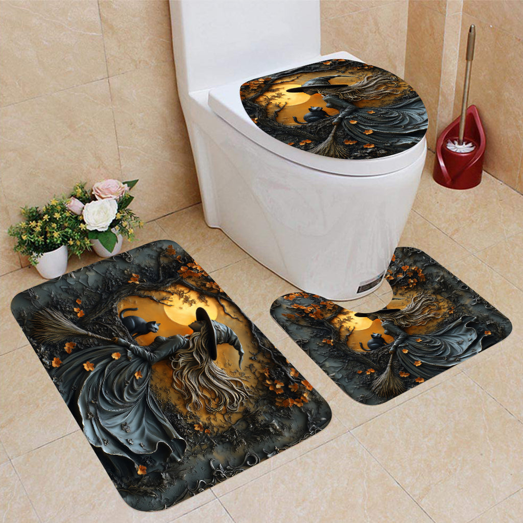 Wunderschöne Hexe & ihre schwarze Katze – Personalisiertes Hexen-Badezimmer-Vorhang- und Fußmatten-Set