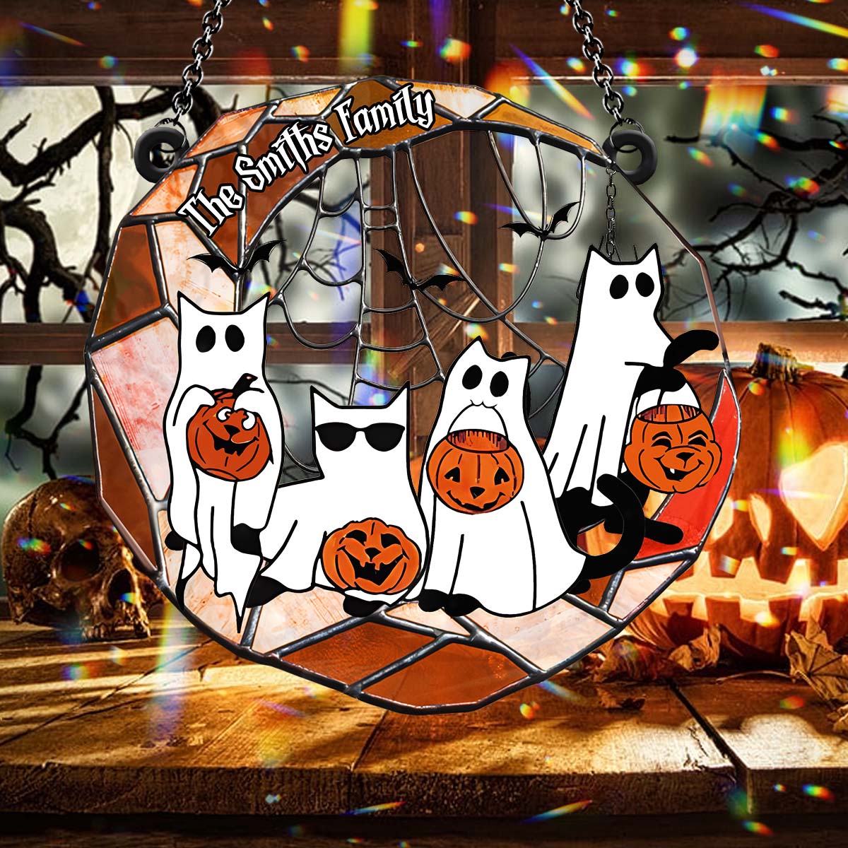 Schwarze Katze Halloween 2024 – Personalisierter Fensterhänger mit schwarzer Katze als Sonnenfänger 