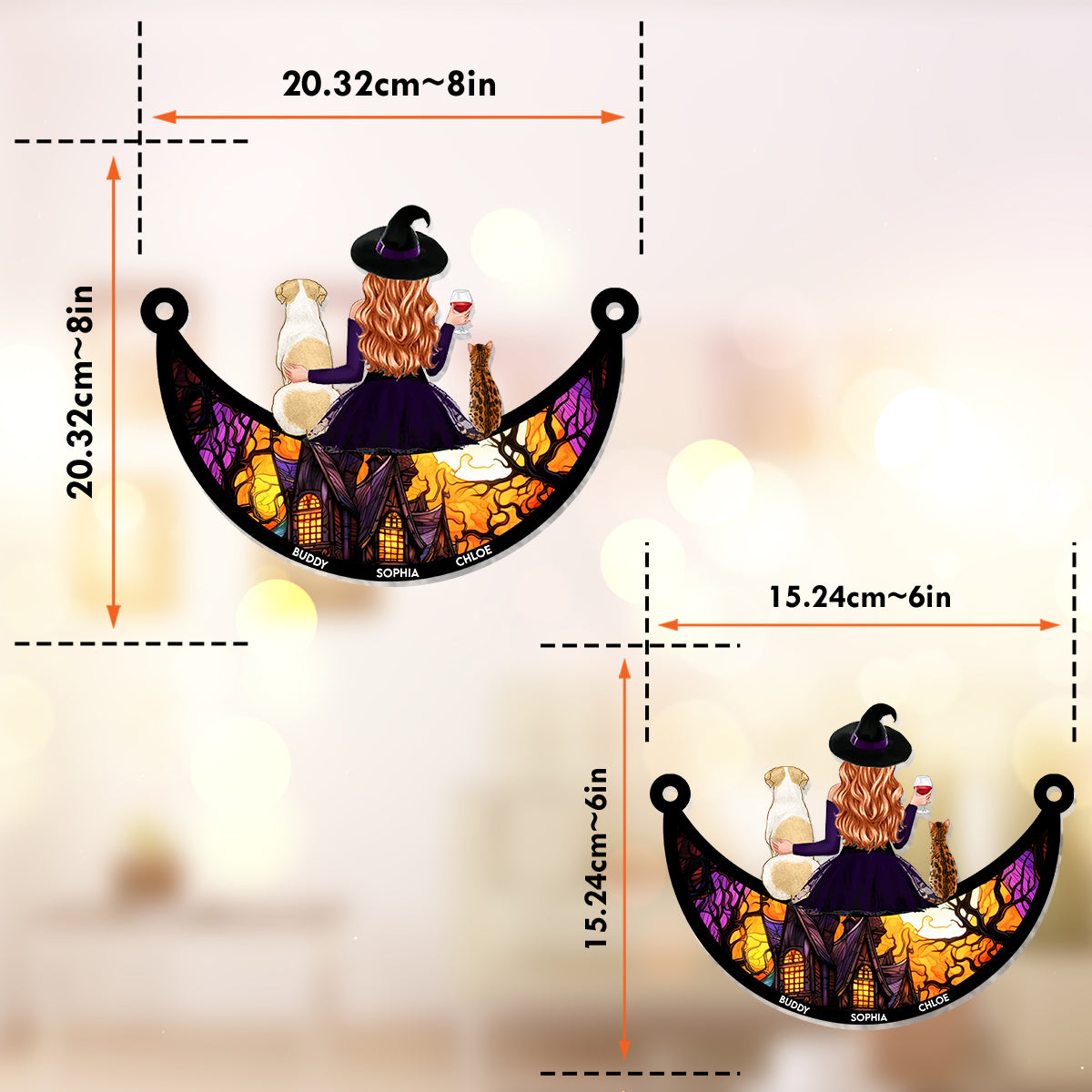 Böse Hexe und kleines Monster – Personalisierter Hunde-Fensterhänger als Sonnenfänger
