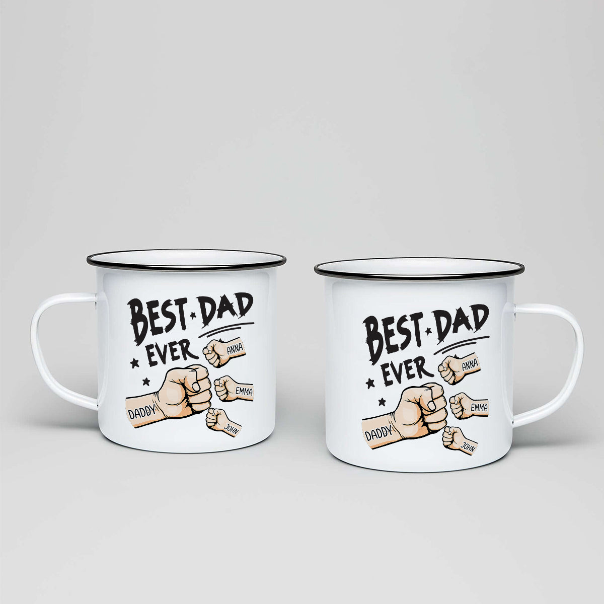 „Bester Papa aller Zeiten“-Faustgruß – personalisierte Emaille-Tasse für Väter