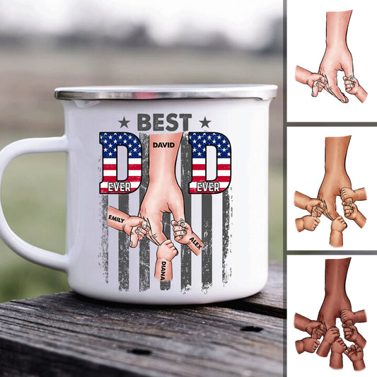 „Bester Papa aller Zeiten“-Faustgruß – personalisierte Emaille-Tasse für Väter