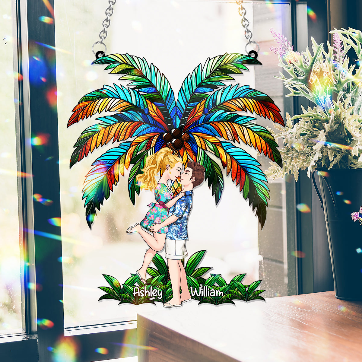 Romantic Couple Under The Palm Tree - Personalized Couple Window Hanging Suncatcher Ornament
