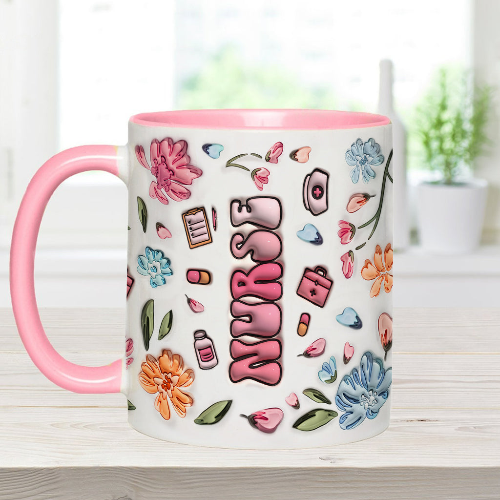 Nurse Life Pink Pastel Floral Inflated - Personalized Nurse Accent Mug