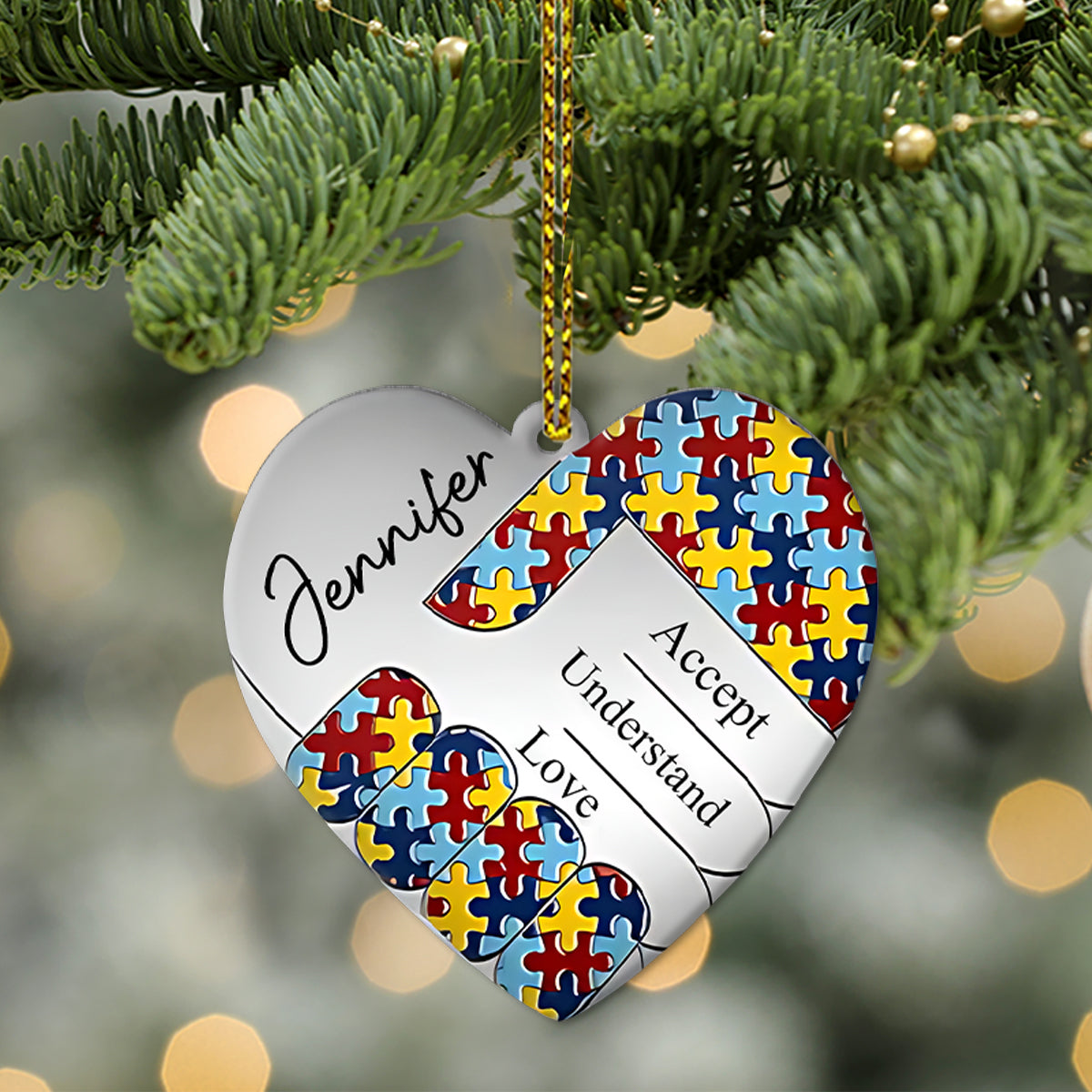 Akzeptieren, verstehen, lieben – personalisiertes, formschönes Aluminiumornament zur Sensibilisierung für Autismus (beidseitig bedruckt)