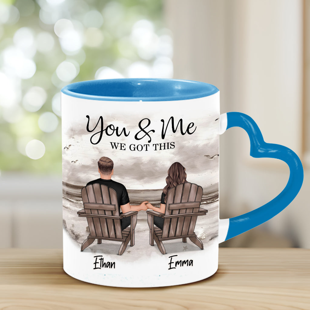 „Du und ich, wir schaffen das“ – Personalisierte Tasse mit Herzgriff für Paare