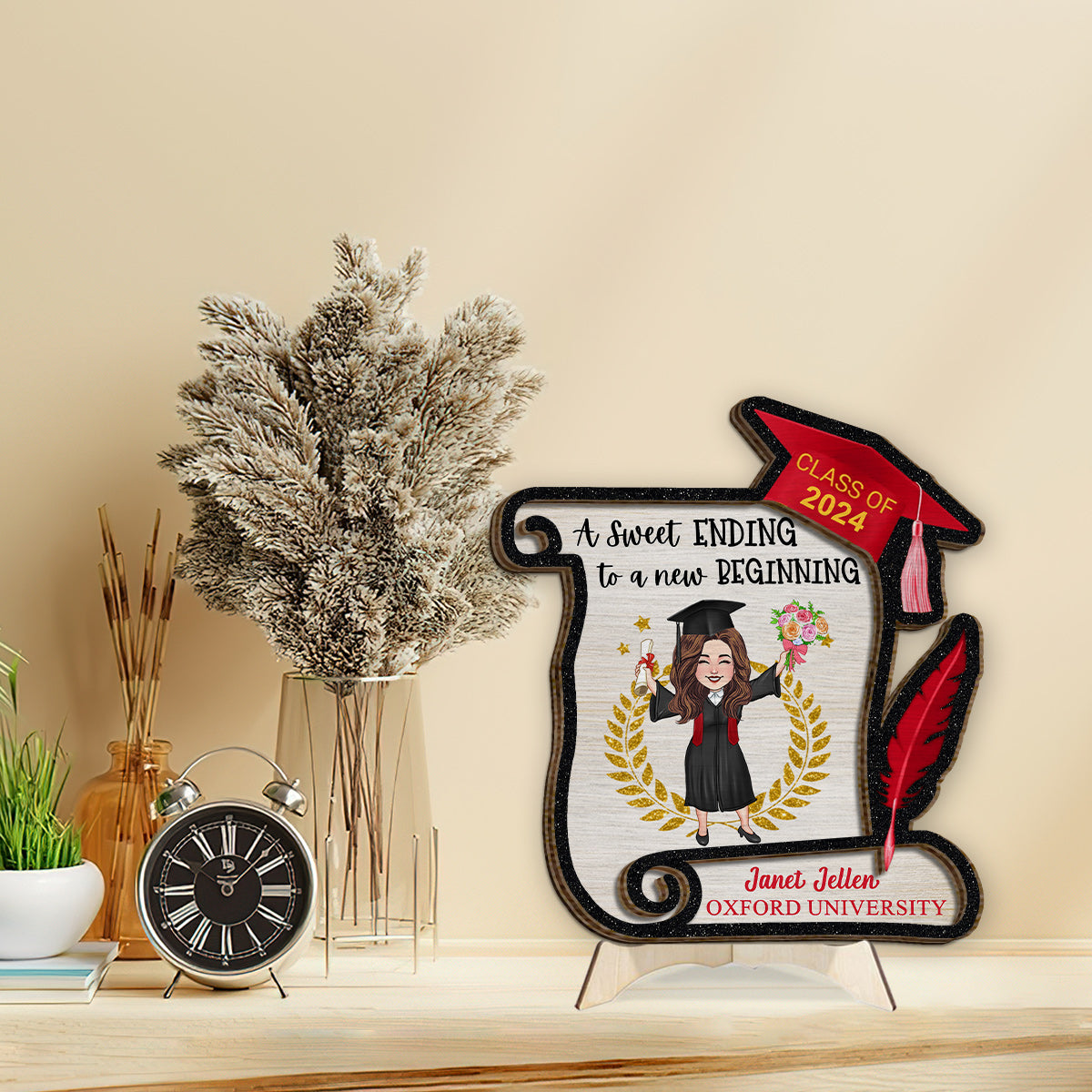 Ein schöner Abschluss für einen neuen Anfang – Personalisiertes Abschluss-Holzschild/Holzplakette, 2-lagig