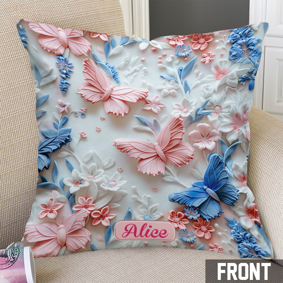 Pink And Blue Butterflies - Personalized Butterfly Throw Pillow