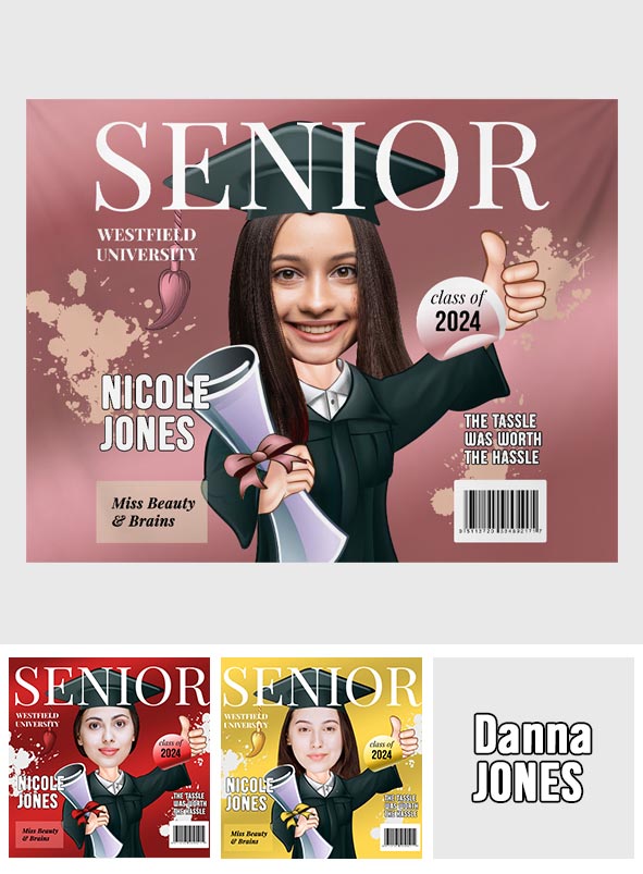 Karikatur auf dem Cover eines Senior-Magazins – personalisierter Wandteppich zur Abschlussfeier