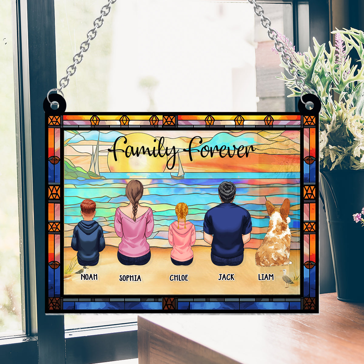 Family Sitting Back View Beautiful Ocean - Personalized Family Window Hanging Suncatcher Ornament