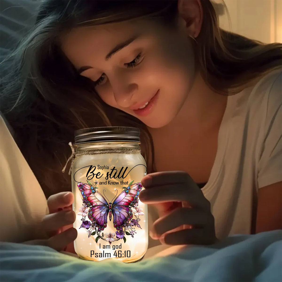 Be Still and Know - Personalized Butterfly Mason Jar Light