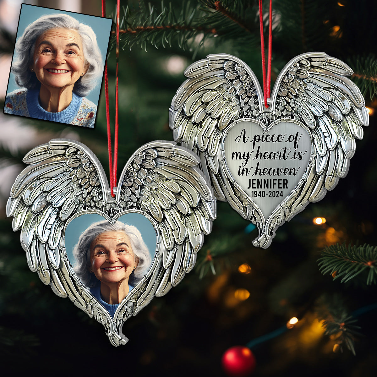 Ein Teil meines Herzens lebt im Himmel - Personalisierte Gedenk-Aluminium-Ornamentfigur (beidseitig bedruckt)