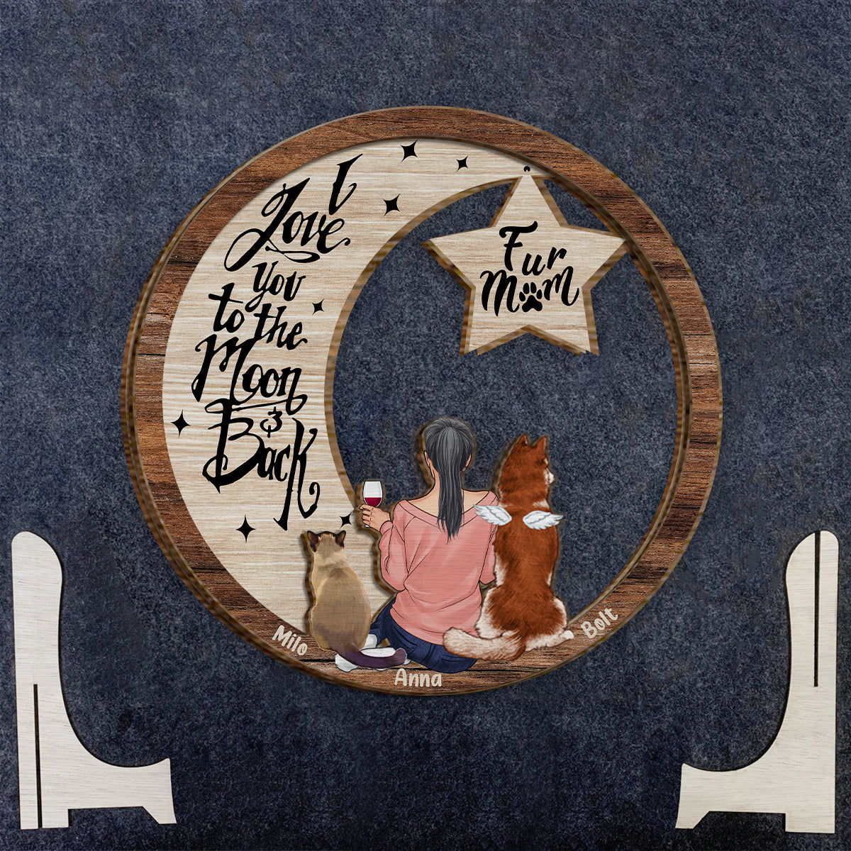 Ich vermisse dich, ich weiß, ich liebe dich bis zum Mond und zurück – Personalisiertes zweilagiges Holzschild mit Hundemotiv / Holzplakette