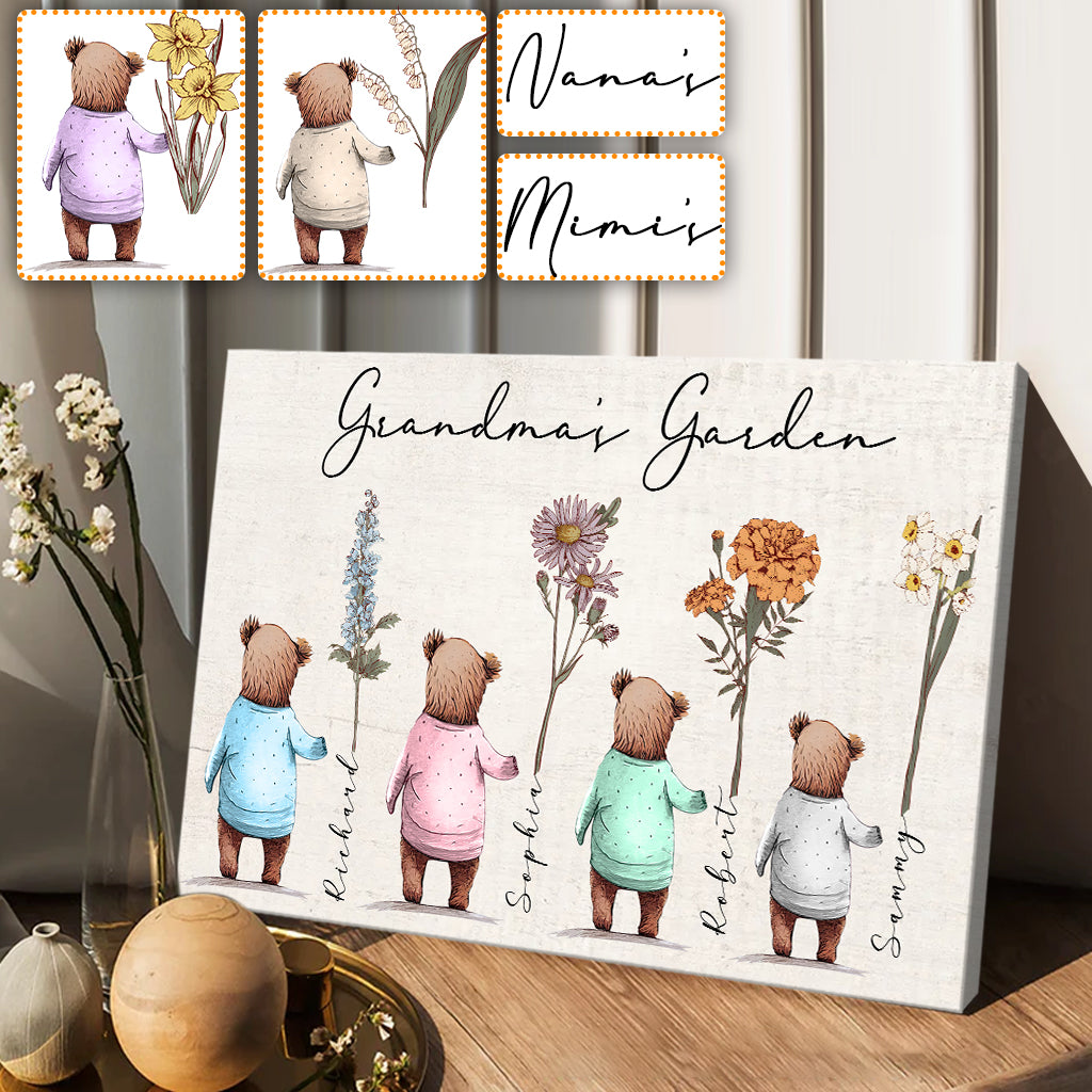 Omas Garten: Babybären, Geburtsblumen – Personalisierte Leinwand und Poster