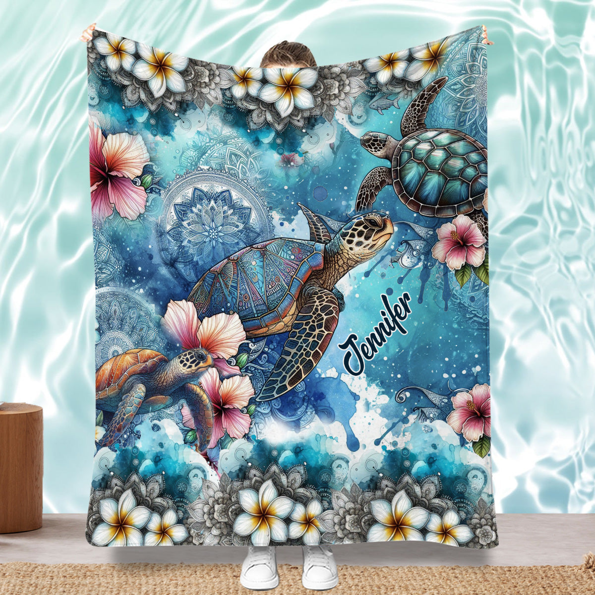 Sea Turtle Mandala Tropical Flower - Personalized Turtle Blanket