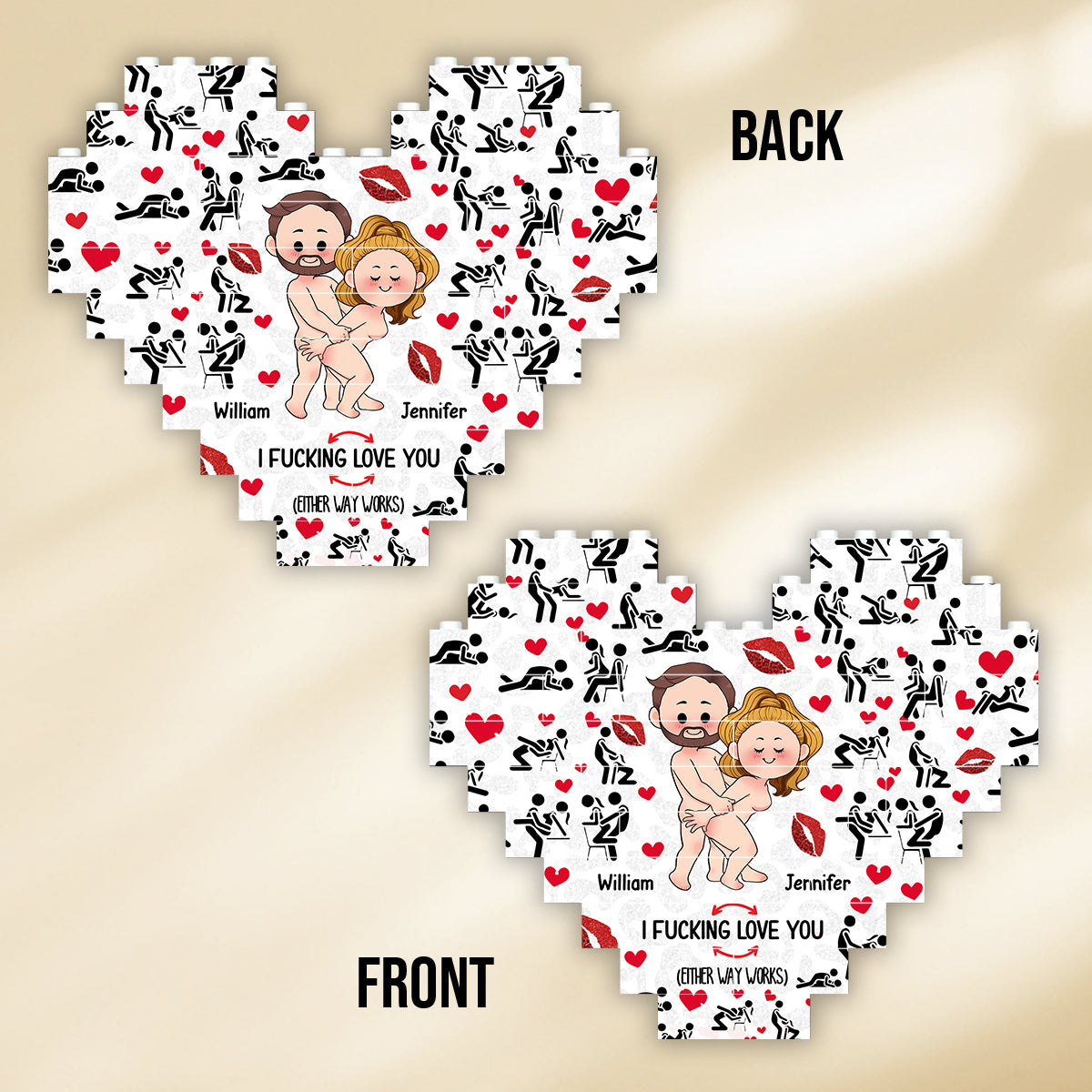 Ich liebe dich – Personalisierte Herz-Bausteine ​​für Paare, beidseitig bedruckt