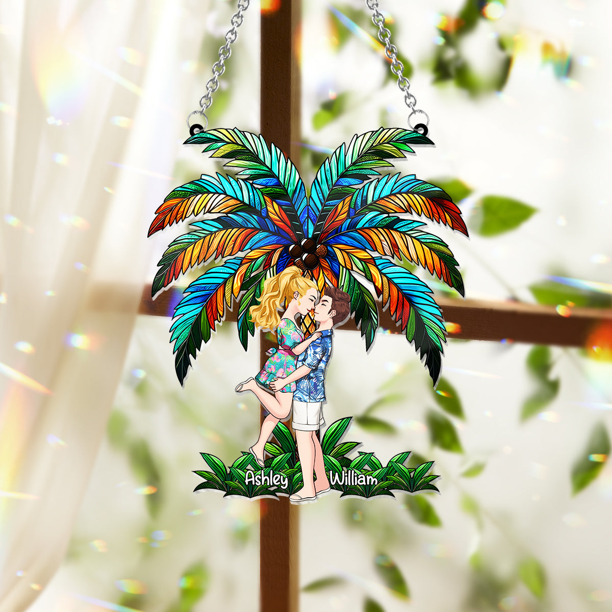 Romantic Couple Under The Palm Tree - Personalized Couple Window Hanging Suncatcher Ornament
