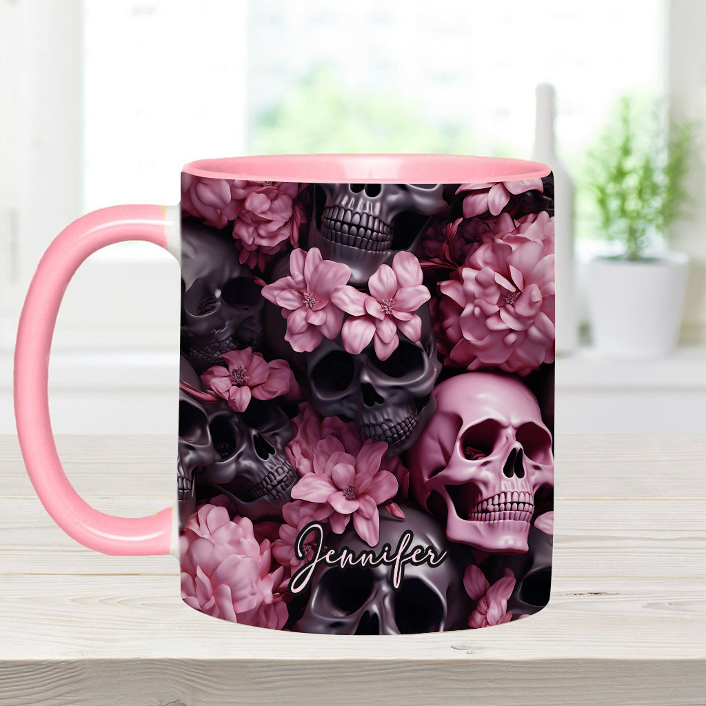 Pink Flowers Black Skulls - Personalized Skull Accent Mug