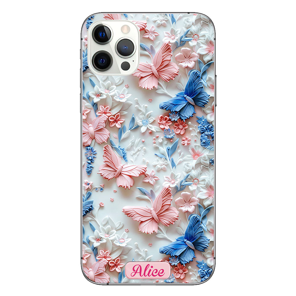 Rosa und blaue Schmetterlinge – Personalisierte transparente Schmetterlings-Handyhülle