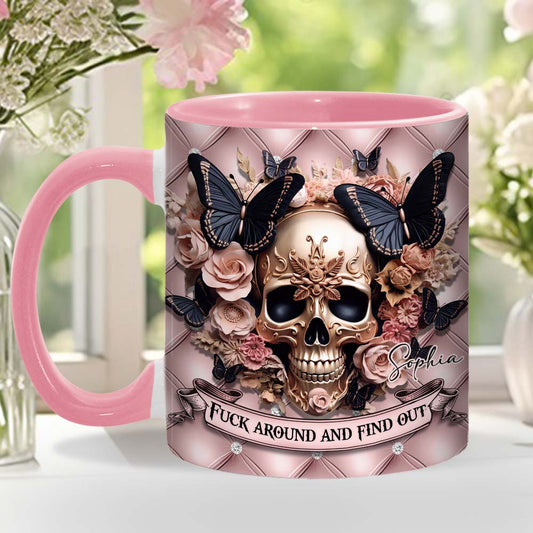 Wunderschöner rosa Totenkopf – personalisierte Tasse mit Totenkopf-Akzent
