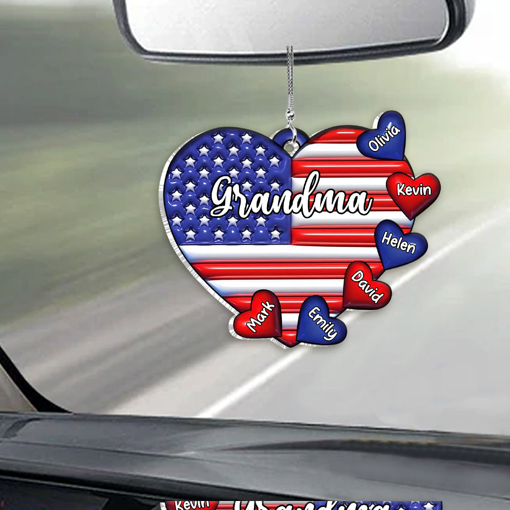 Grandma & Grandkids Puff Heart Flag - Personalized Grandma Car Ornament