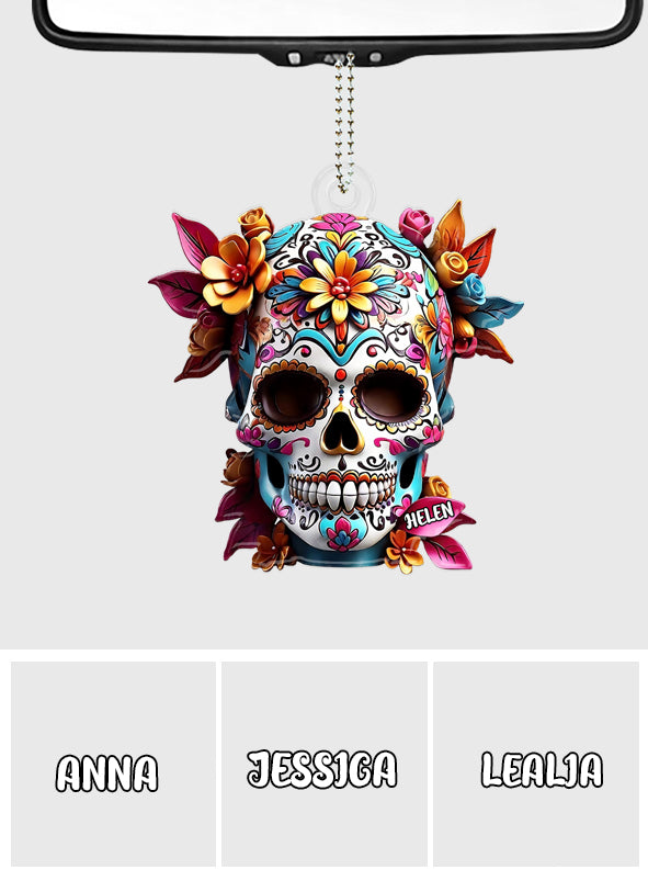 Blumenzuckerschädel – Personalisierter Totenkopf-Autoanhänger in individueller Form
