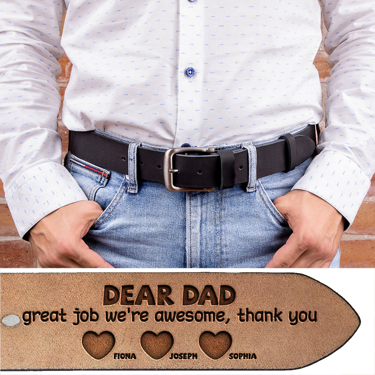 Lieber Papa, super gemacht! Wir sind spitze! Danke! – Personalisierter Ledergürtel für Väter