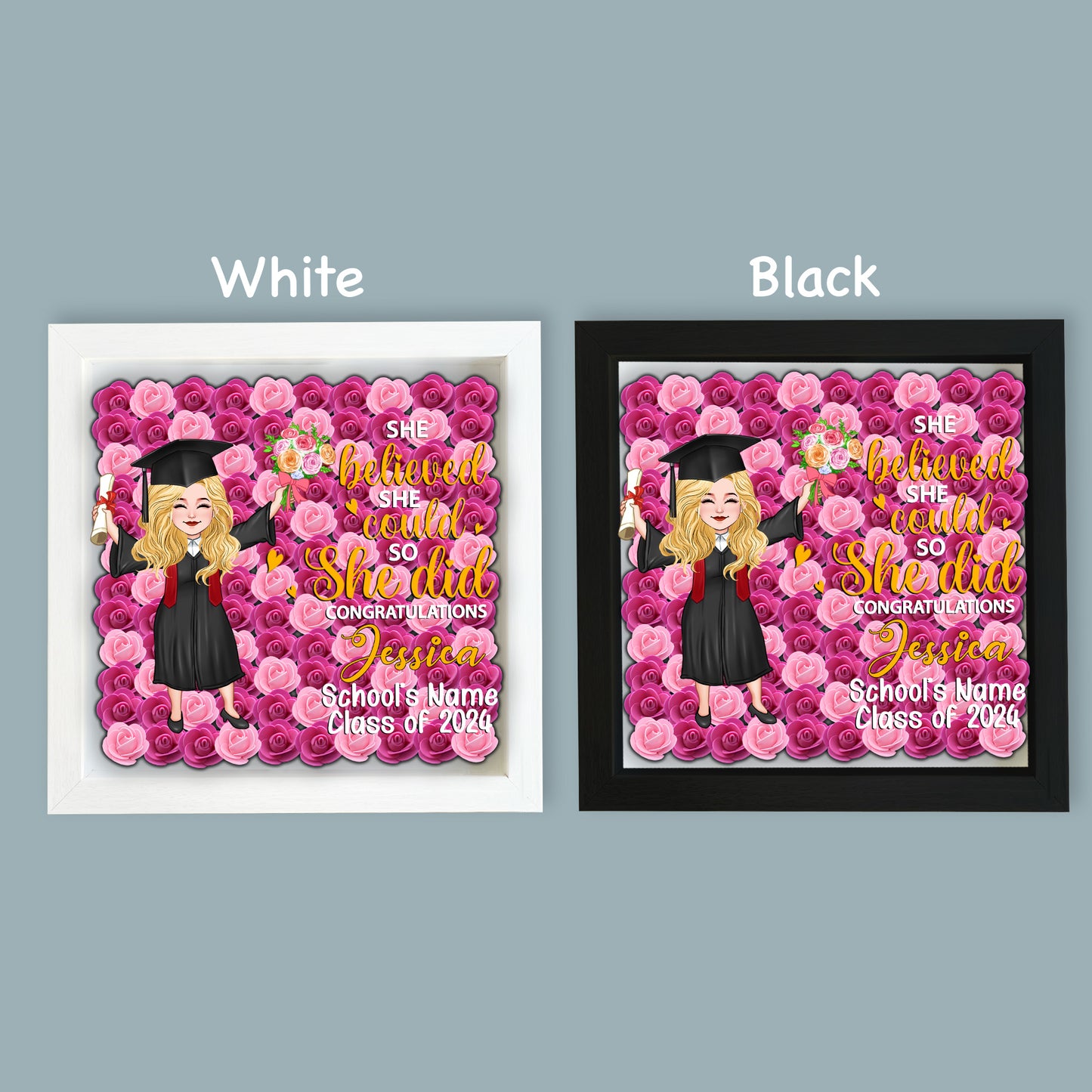 Abschlussmädchen 2024 – Personalisierte Abschluss-Schattenbox in individueller Blumenform