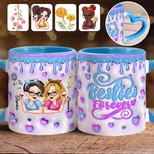 Besties Forever Beautiful Birth Month Flower - Personalized Bestie Heart Handle Mug